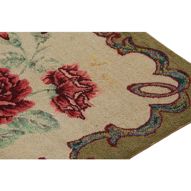 Antique Hooked Square Rug in Beige With Floral Medallion, From Rug & Kilim For Sale In New York - Image 6 of 7