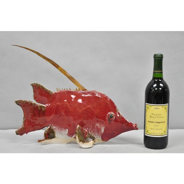 Vintage Mid Century Modern Ceramic Pottery Red Hog Fish Sculpture with Copper Metal Fins by Harry Guthrie Phillips,...
