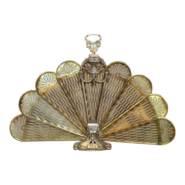 Vintage Brass Fireplace Screen Cameo Folding Peacock Screen For Sale
