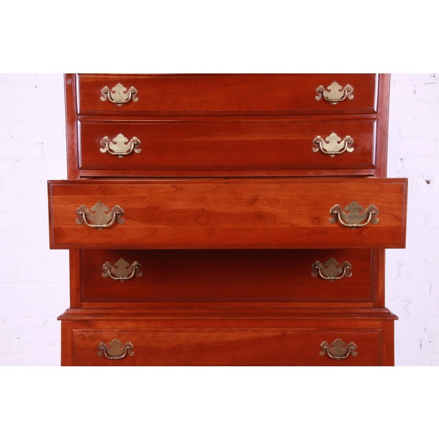 Wood Ethan Allen Early American Queen Anne Solid Cherry Wood Highboy Dresser For Sale - Image 7 of 13