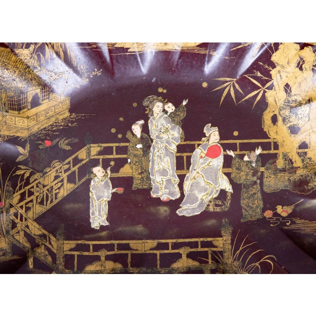 A gorgeous antique 19th-Century French Chinoiserie dark red burgundy papier mache japanned scalloped tray or lobed bowl...