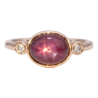 3.2ct Star Ruby Cabochon Ring With Earth-Mined Diamond Accents in Solid 14k Gold, Size 6.75 For Sale