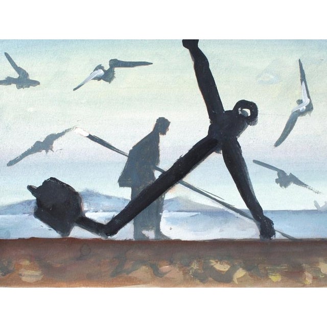Vibrant Gouache on Paper of Figures & a Ship’s Anchor by Andre Delfau. Likely Morocco. Image size: 6 1/4" x 9 1/2"....