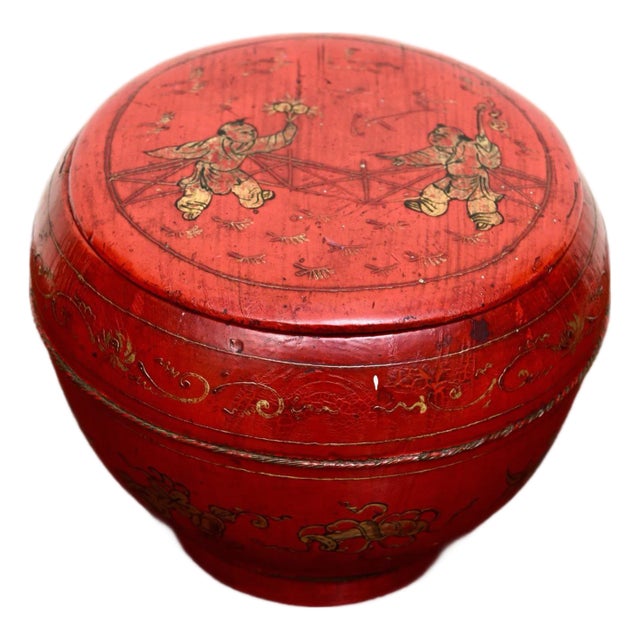 Small Antique Chinese Red Lacquered Covered Box For Sale