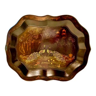 19th C. English Chinoiserie Peacock Design. Painted Tole Tray For Sale