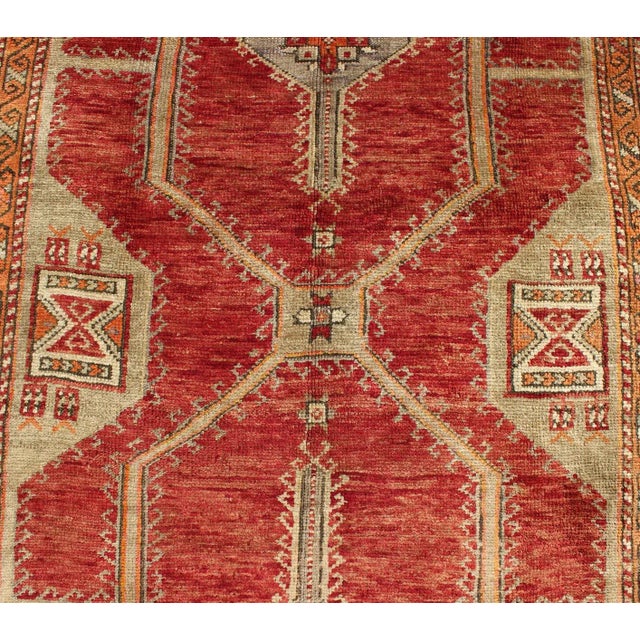 Mid 20th Century Antique Turkish Oushak Rug With Geometric Design in Red, Light Green, Orange and Cream For Sale - Image 5 of 9