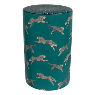 Scalamandre Maison by Port 68 Leaping Cheetah Teal Garden Stool For Sale