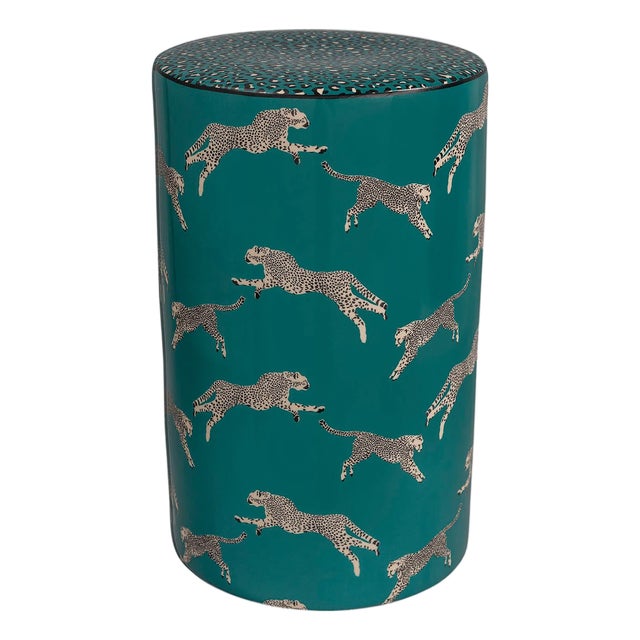 Scalamandre Maison by Port 68 Leaping Cheetah Teal Garden Stool For Sale