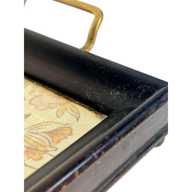Brown Antique English Glass Top Wood Tray With Brass Handles and Brocade Fabric For Sale - Image 8 of 16