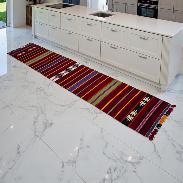 Rustic 1990s Hand Made Short Narrow Runner Rug Turkish Kilim Hallway Rug - 1′10″ × 9′10″ For Sale - Image 3 of 14