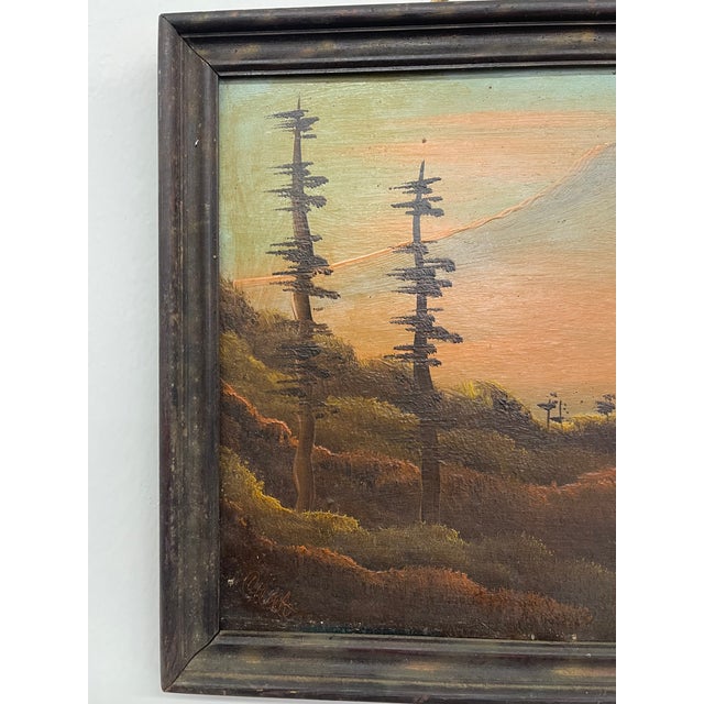 Brown Vintage Framed Landscape Painting of Mountain Path at Sunset, Signed, Folk Art Style For Sale - Image 8 of 9