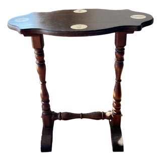 Late 19th Century Antique Victorian Decal Inlay Parlor Table With Spool-Turned Trestle Base For Sale