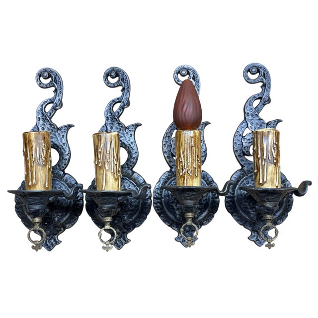 Four Storybook Wall Sconces From 1920s With Original Finish, New Wiring, Antique Style Candle Sleeves Hammered Tudor Spanish Revival For Sale In Los Angeles - Image 6 of 10