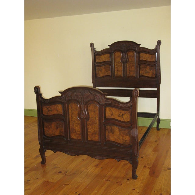 Magnificent Original circa 1900 Art Nouveau hand carved Walnut wooden bed... Of the: Ecole de Nancy, France. Attributed to...