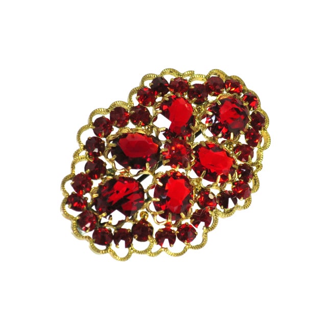 Vintage Czech gold-filled ruby crystal brooch 1920s. Delicate filigree openwork design filled with open-back larger ruby...