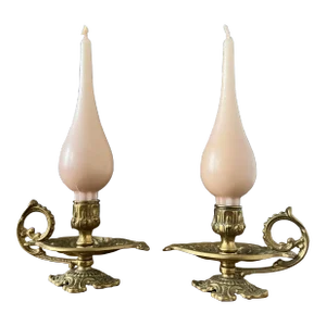 1940s Art Nouveau Brass Candle Holders & Candles- 4 Pieces