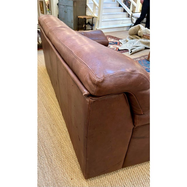 Custom Made Vintage Leather Sofa With Unique Markings For Sale - Image 10 of 10