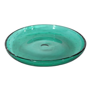 Emerald Glass Mid Century Controlled Bubble Low Bowl by Carl Erickson C 1960's For Sale