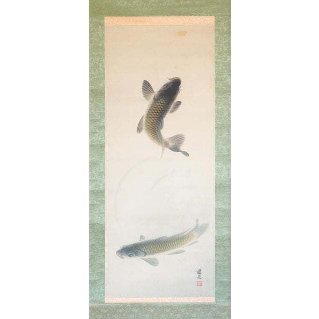 "Leaping Carp", Early Showa Era Japanese Silk Scroll Painting For Sale - Image 18 of 18