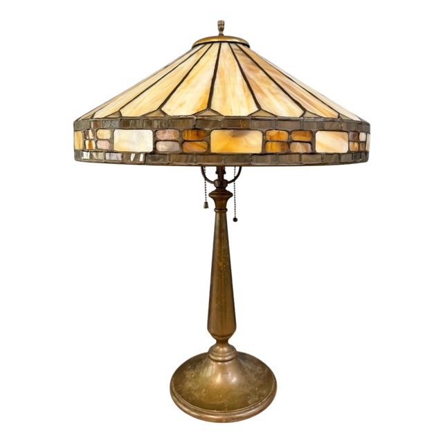 Antique Duffner & Kimberly Leaded Glass Table Lamp, Geometric Banded Shade For Sale