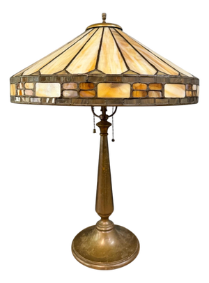 Antique Duffner & Kimberly Leaded Glass Table Lamp, Geometric Banded Shade