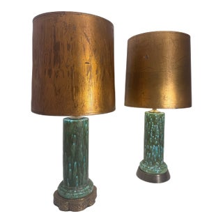 Vintage Mid Century Hollywood Regency Drip Glaze Ceramic Aqua, Brass & Gold Leaf Shaded Table Lamps, a Pair For Sale