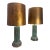 Vintage Mid Century Hollywood Regency Drip Glaze Ceramic Aqua, Brass & Gold Leaf Shaded Table Lamps, a Pair For Sale