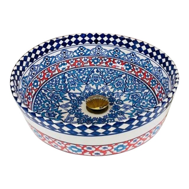 Moroccan Ceramic Hand Painted Blue Ceramic Top Sink for Bathroom For Sale