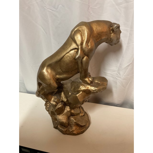 Mid 20th Century Art Deco Ceramic Sculptured Gold Painted Cougar MCM For Sale - Image 4 of 7