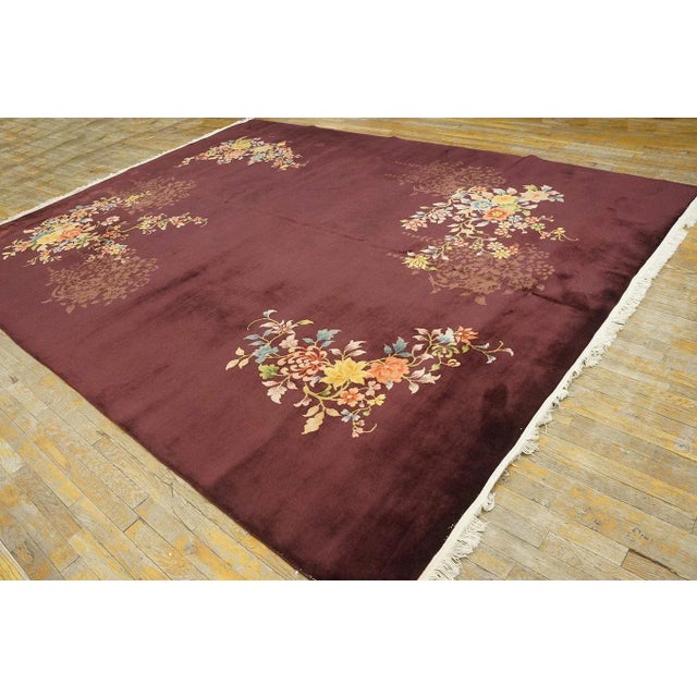Art Deco 1920s Red Wine Floral Antique Chinese Art Deco Rug 8'8" X 11'4" Knotted Pile Wool Carpet For Sale - Image 3 of 12