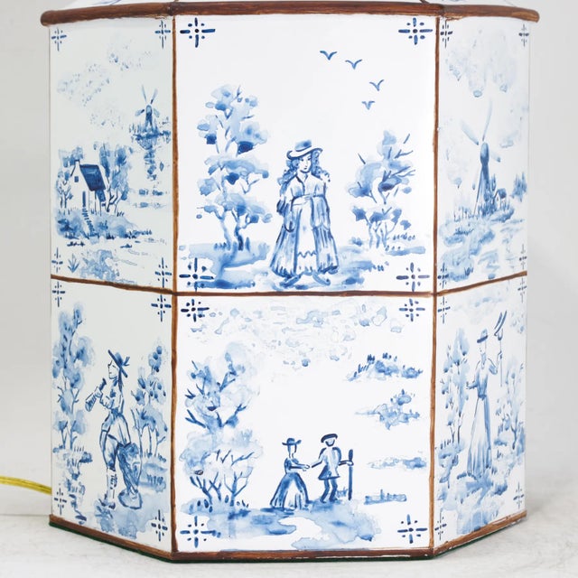 White A Pair of Vintage Hand-Painted Blue and White Imitation Dutch Tile Landscape Tea Can Table Lamps For Sale - Image 8 of 14
