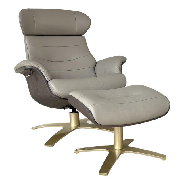Mid-Century Modern Eames Style Italian Gray Leather Lounge Chair and Ottoman For Sale