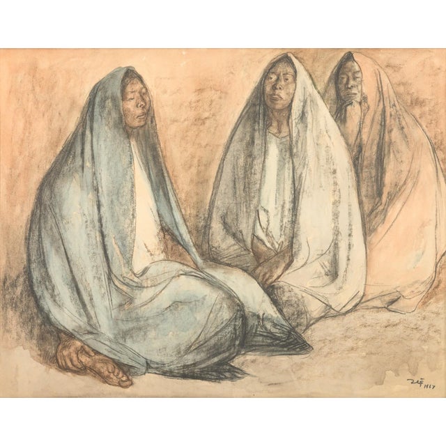 This evocative pastel drawing by renowned Mexican-Costa Rican artist Francisco Zuniga features three seated women, cloaked...