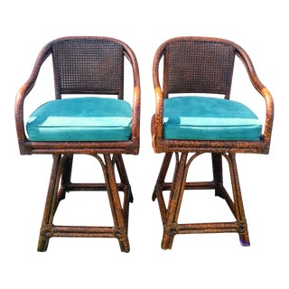 Vintage Burnt Bamboo Tortoiseshell Swivel Finish Rattan Cane Counter Height Bar Stools- a Pair For Sale