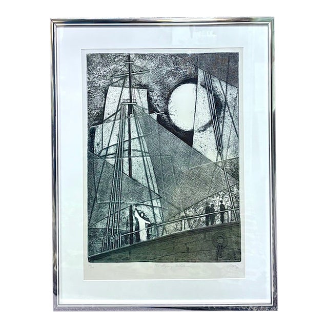 Mid Century - Mikulas Kravjansky "The Flying Dutchman" Mixed Media Abstract Etching, 1981. - Signed, Numbered, Titled, Framed For Sale