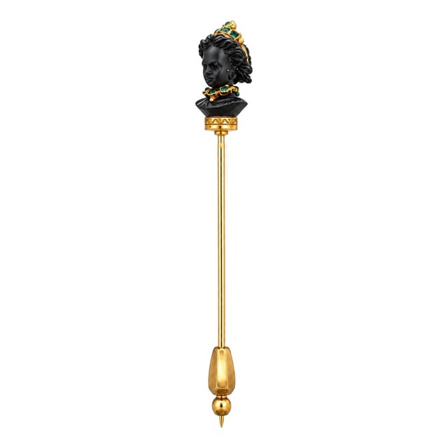 Antique Edwardian Hand-Carved Blackamoor Lady Stick Gold Pin With Emerald Crown For Sale