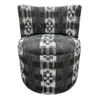 Compact Barrel Chair on Casters With Sister Parish “Mahalo” Upholstery For Sale