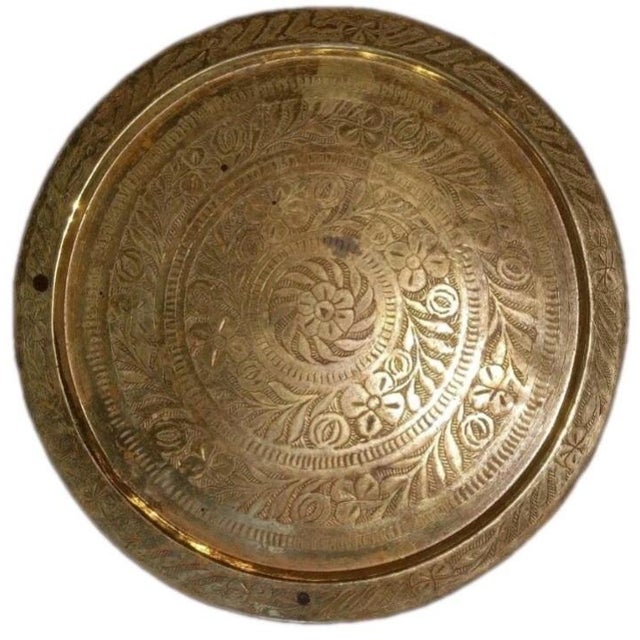 Brass Ancient Moroccan Artifact Sculpture 11" Plate / Accent Tray | Hallway Living Room Dining Room Bedroom Behind & Over Bed Art For Sale - Image 8 of 9