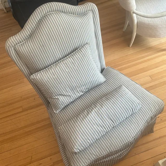 Baker Slipper Chair. Blue, gray and yellow striped silk and cotton fabric. Comfortable, used, excellent condition....