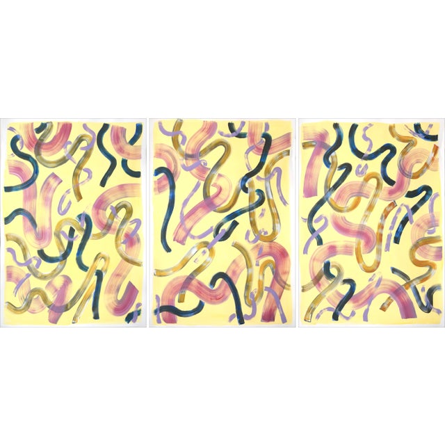 "Eggshell Yellow Curls" Contemporary Abstract Triptych Watercolor Painting by Natalia Roman - Set of 3 For Sale - Image 11 of 11