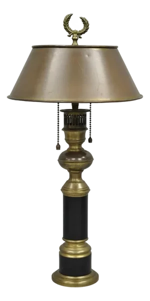 Vintage French Empire Burnished Brass Small Bouillotte Black Column Table Lamp