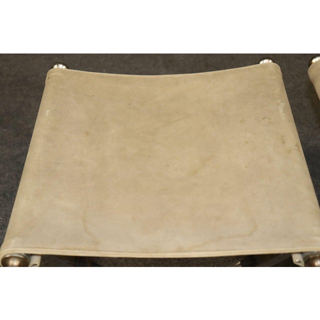 Mid-Century Modern Steel and Brass Leather Upholstered X Form Jansen Style Stool For Sale - Image 3 of 10