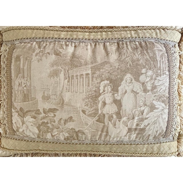 Shabby Chic Vintage French Toile Tapestry Fringe Pillow For Sale - Image 3 of 5