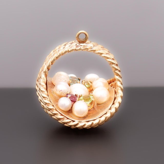 Gold Vintage 14k Yellow Gold, Pearl, and Tourmaline Figural Easter Basket Charm For Sale - Image 8 of 17