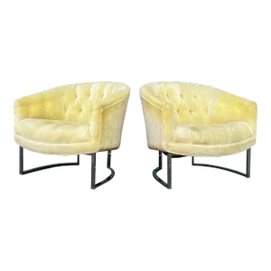 Vintage Pair of Upholstered and Tufted Barrel Club Chairs by Milo Baughman for Woodmark