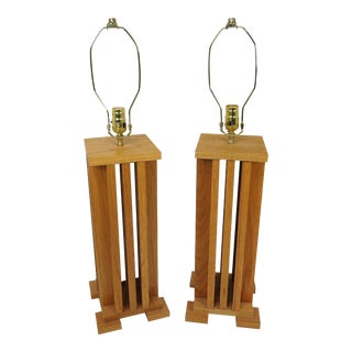 Vintage Arts and Crafts Style Oak Table Lamps Inspired by Frank Lloyd Wright - a Pair For Sale