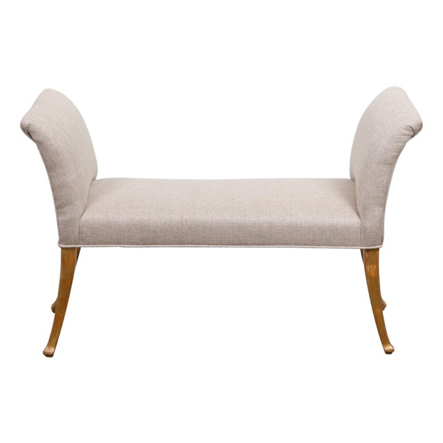 French Mid 20th Century Giltwood Bench with Saber Legs and New Upholstery For Sale