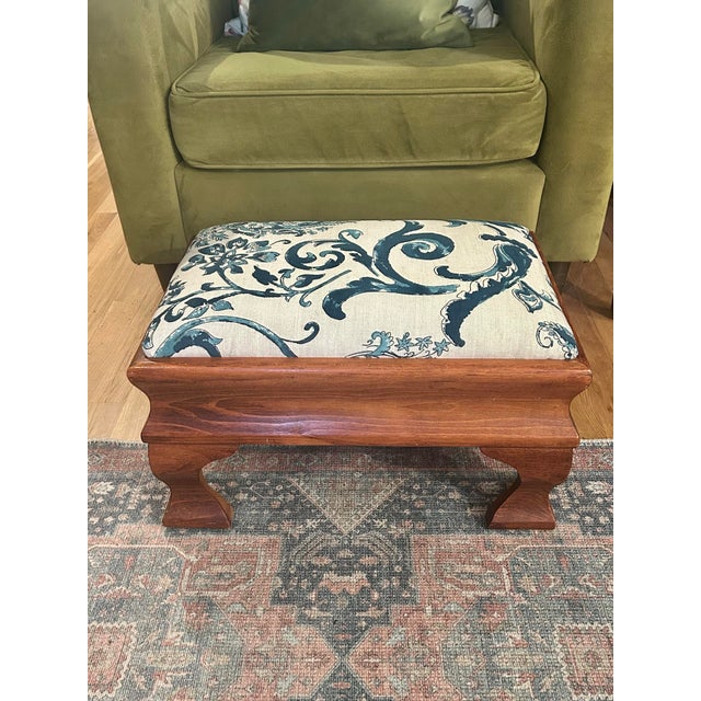 Vintage Empire Style Maple Footstool With Blue and White Linen Upholstery For Sale In New Orleans - Image 6 of 12