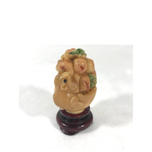 1980's Chinese Netsuke Little Mouse on Basket of Peaches With Petite Wood Stand For Sale - Image 4 of 7