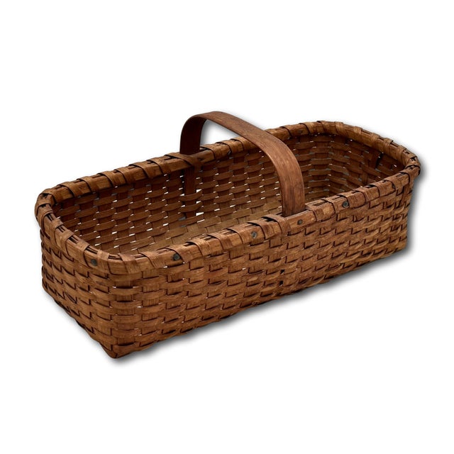 Outstanding Small Size Antique New England American Hand Woven Ash Wood Splint Egg Gathering Basket For Sale - Image 4 of 18